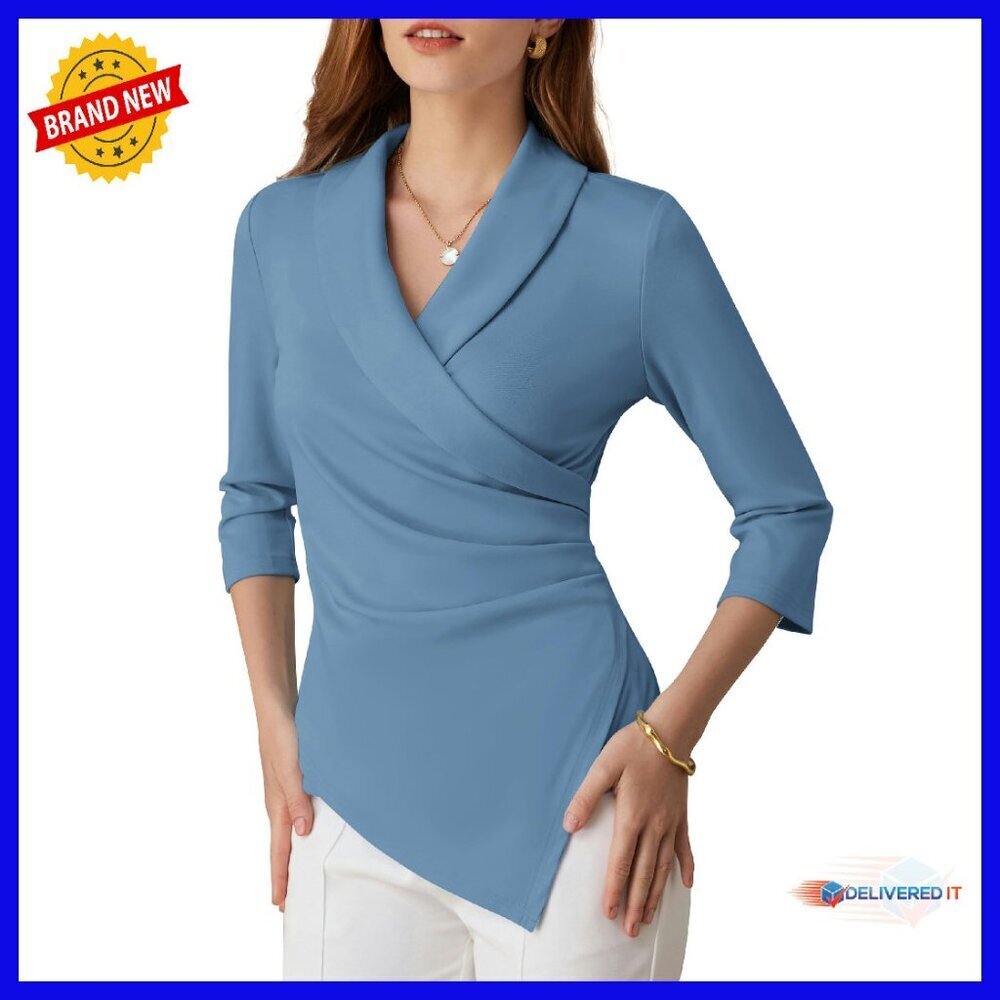 Women's Wrap Top 3/4 Sleeve V-Neck Business Casual Blouse Slim Fit